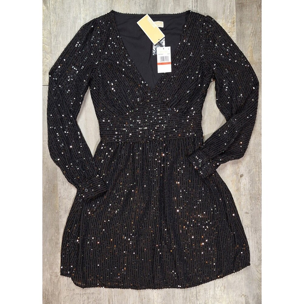 Michael Kors Dress Womens XS Black Sequin V-Neck Long Sleeve Mini Cocktail Party